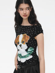 Boat Neck Polka Dot Dog Graphic Ruched Tee