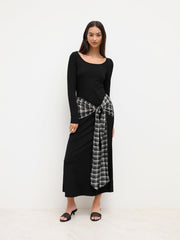 Plaid Knotted Scoop Neckline Long Sleeve Maxi Dress