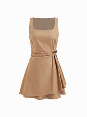Linen-blend Square Neck Belted Mini Dress