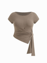 Boat Neck Short Sleeve Tie Side Asymmetrical Hem Tee Curve & Plus