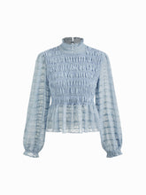 High Neck Shirred Lettuce Trim Long Sleeve Blouse
