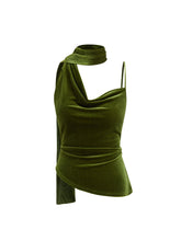 Velvet Asymmetrical Neck Ruched Cami Top With Scarf