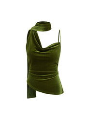 Velvet Asymmetrical Neck Ruched Cami Top With Scarf