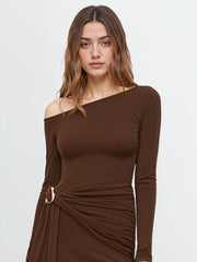 Asymmetrical Neck Long Sleeve Metal Detail Draped Mini Dress