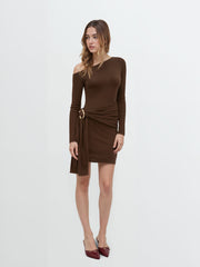 Asymmetrical Neck Long Sleeve Metal Detail Draped Mini Dress