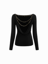 Boat Neck Long Sleeve Metal Chain Detail Backless Top