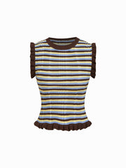 Knit Round Neckline Stripe Lettuce Trim Tank Top