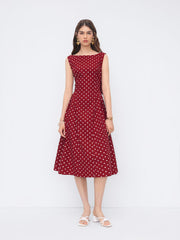 Linen-blend Boat Neck Polka Dot Backless Bowknot Midi Dress