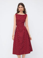 Linen-blend Boat Neck Polka Dot Backless Bowknot Midi Dress