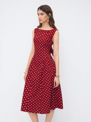 Linen-blend Boat Neck Polka Dot Backless Bowknot Midi Dress