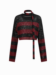 Knit Stripe Hollow Out Crop Top With Scarf