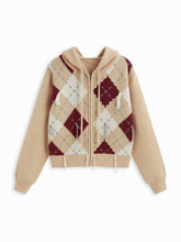 Knit Argyle Pattern Hooded Zip Through Cardigan