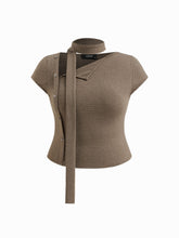 Asymmetrical Neck Texture Button Up Top With Scarf Curve & Plus