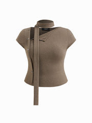 Asymmetrical Neck Texture Button Up Top With Scarf Curve & Plus