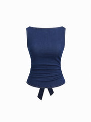 Stretch Denim Boat Neck Ruched Tie Back Tank Top