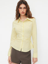 Cotton-blend Collar Plaid Ruched Long Sleeve Shirt