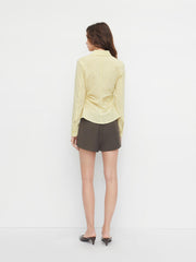 Cotton-blend Collar Plaid Ruched Long Sleeve Shirt