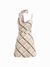 Cowl Neck Plaid Ruched Mini Dress With Scarf