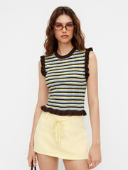 Knit Round Neckline Stripe Lettuce Trim Tank Top