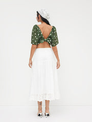 Square Neck Polka Dot Knotted Mid-length Sleeve Crop Blouse