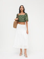 Square Neck Polka Dot Knotted Mid-length Sleeve Crop Blouse