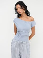 100% Cotton Off-shoulder Ruched Top & Mid Rise Stripe Elastic Waist Wide Leg Trousers Set