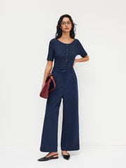Boat Neck Button Mid-length Sleeve Jumpsuit