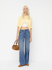 Denim Mid Rise Patched Straight Leg Jeans