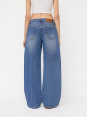 Denim Mid Rise Patched Straight Leg Jeans