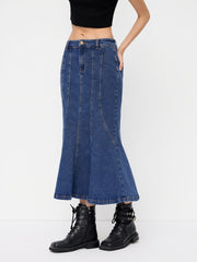 Stretch Cider Denim Mid Rise Mermaid Maxi Skirt