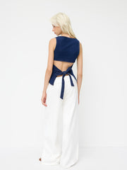 Stretch Denim Boat Neck Ruched Tie Back Tank Top