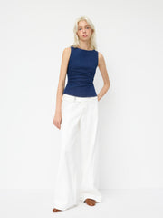 Stretch Denim Boat Neck Ruched Tie Back Tank Top