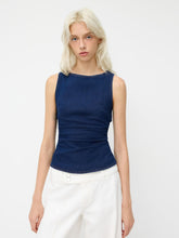 Stretch Denim Boat Neck Ruched Tie Back Tank Top