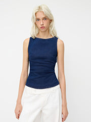 Stretch Denim Boat Neck Ruched Tie Back Tank Top
