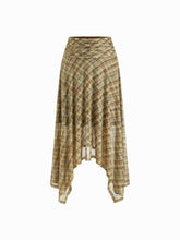Mesh Plaid Mid Rise Ruched Asymmetrical Hem Maxi Skirt