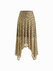 Mesh Plaid Mid Rise Ruched Asymmetrical Hem Maxi Skirt