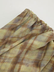 Mesh Plaid Mid Rise Ruched Asymmetrical Hem Maxi Skirt
