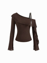 Asymmetrical Neck Long Sleeve Ruffle Trim Belted Top
