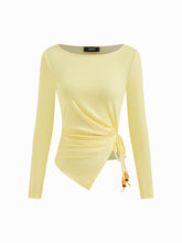 Boat Neck Beaded Ruched Hanky Hem Long Sleeve Top