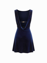 Velvet Boat Neck Ruched Backless Metal Detail Mini Dress