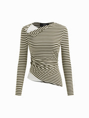 Stripe Asymmetrical Neckline Long Sleeve Ruched Tee