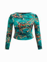 Velvet Boat Neck Floral Ruched Long Sleeve Top Curve & Plus