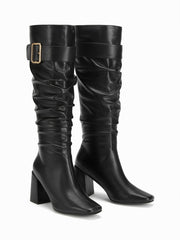 SQUARE TOE PLEATED CHUNKY HEELED KNEE HIGH BOOTS
