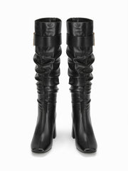 SQUARE TOE PLEATED CHUNKY HEELED KNEE HIGH BOOTS