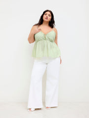 Cotton V-neck Broderie Anglaise Shirred Lettuce Trim Cami Top Curve & Plus