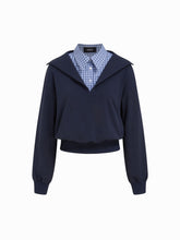 Cotton-blend Collar Two Tone Plaid Long Sleeve Sweatshirt