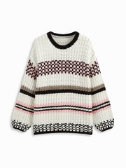 Knit Crochet Round Neck Striped Contrasting Binding Oversized Sweater