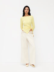 Boat Neck Beaded Ruched Hanky Hem Long Sleeve Top