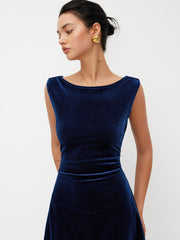 Velvet Boat Neck Ruched Backless Metal Detail Mini Dress