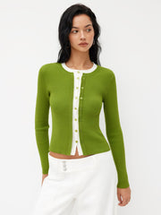Knit Round Neckline Two Tone Long Sleeve Top